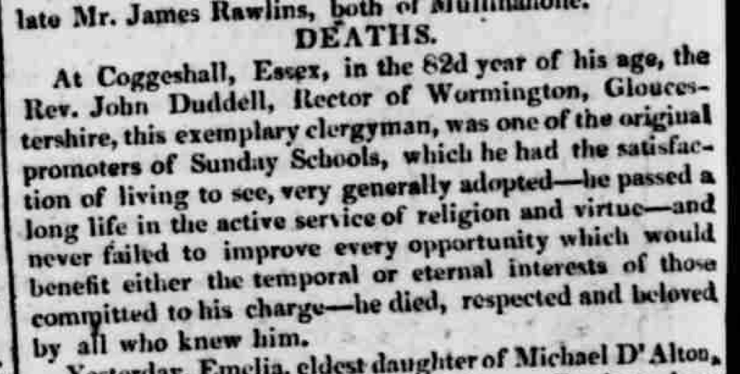 Notice of death of Rev. John Duddell, Limerick Chronicle 21 January 1826, p2